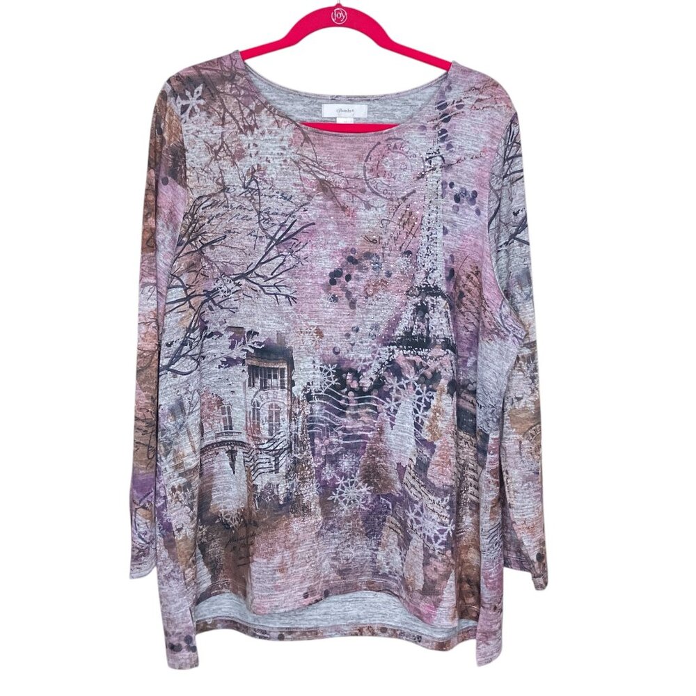 CJ Banks 1X Gray Purple Rhinestone Bling Eiffel Tower Stretch‎ Knit Top Plus